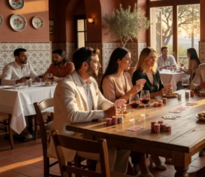 Grupo de jugadores compartiendo una partida de póker presencial en un card lounge mediterráneo