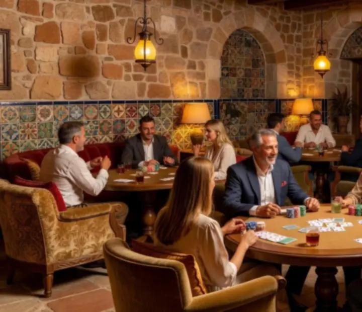 Interior de un card lounge mediterráneo con cerámica, madera y mesa de cartas preparada para póker presencial.