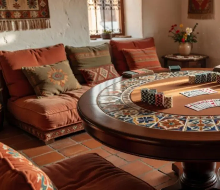 Mesa de póker de madera con tapete personalizado, cartas y fichas en un lounge íntimo