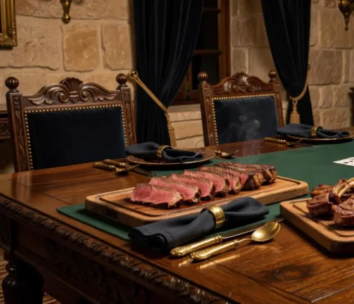 Chuletón y carnes a la brasa servidas junto a una mesa de póker con cartas y fichas