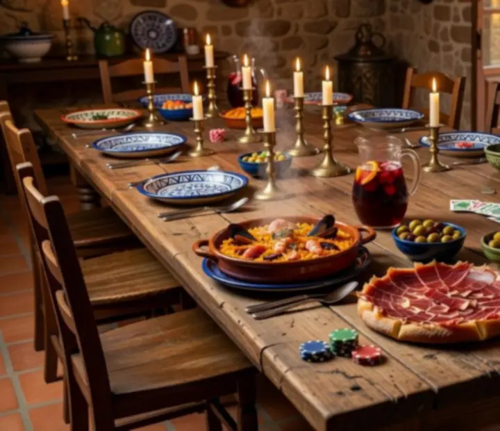 Mesa mediterránea con platos, copas de vino, cartas y fichas de póker en un ambiente cálido.