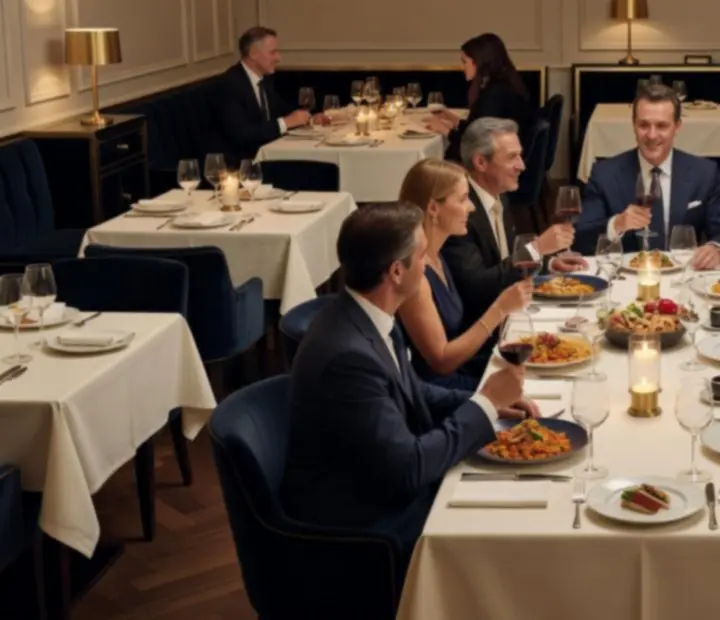Equipo de empresa compartiendo una mesa de póker presencial junto a una cena mediterránea.