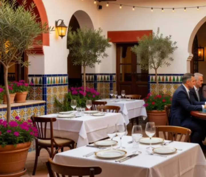 Terraza mediterránea con mesas preparadas para eventos de póker presencial y cena.
