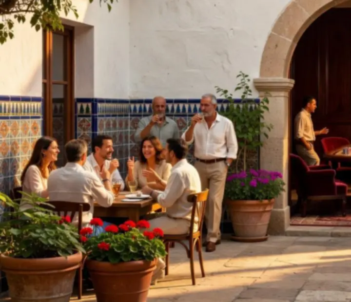 Patio mediterráneo con terraza de restaurante y un salón de cartas con mesa de póker preparada.