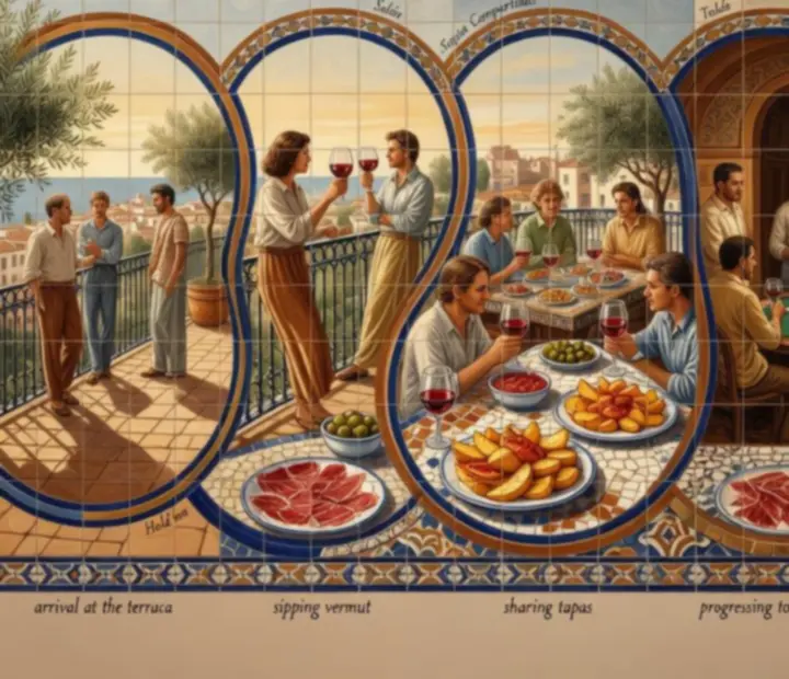 Collage visual que muestra la experiencia desde la terraza con vermut hasta la mesa de póker en un salón mediterráneo.