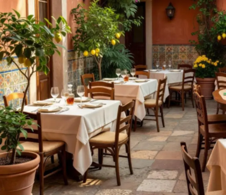 Terraza mediterránea con mesas de piedra, paredes de terracota y un rincón de mesa de póker preparado para una noche de cartas