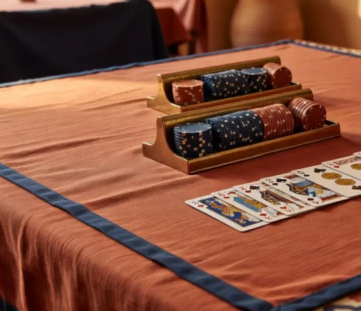 Detalle de una mesa de póker con cartas y fichas sobre tapete elegante en un salón mediterráneo.