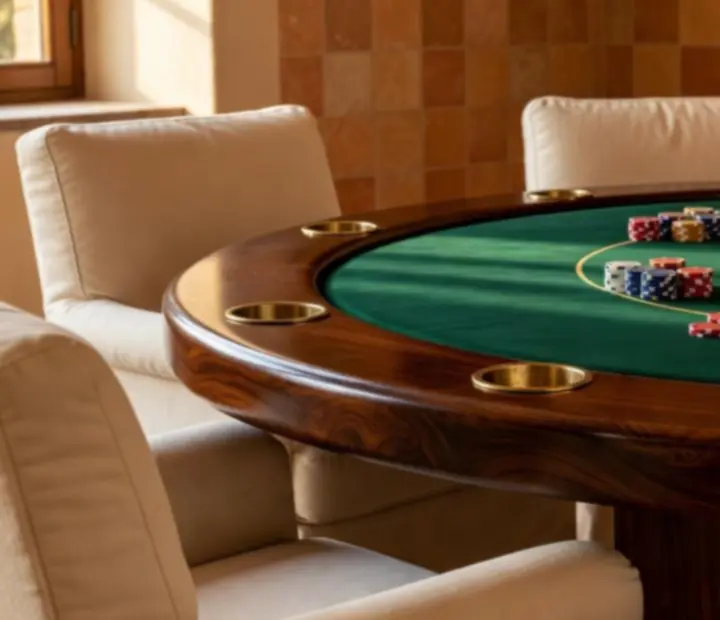 Detalle de mesa de póker con fichas y cartas en un entorno de cerámica y piedra mediterránea