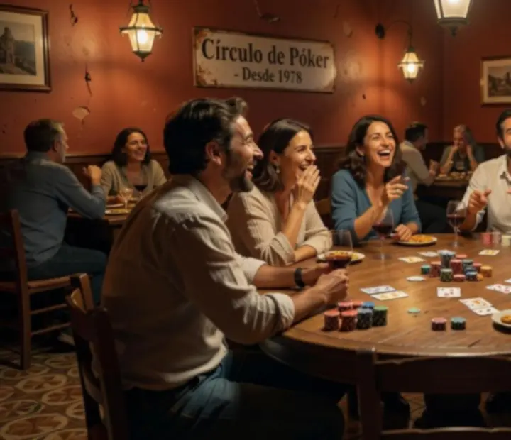 Grupo de amigos riendo y jugando al póker alrededor de una mesa con vermut y tapas.