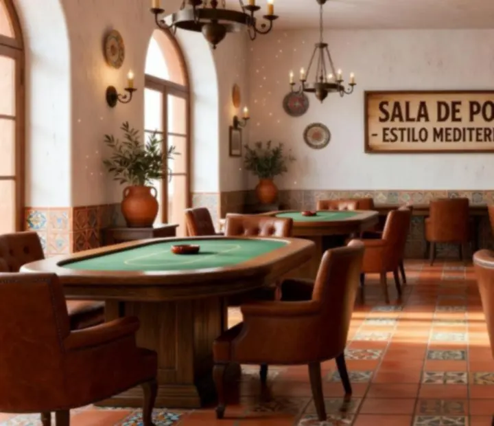 Vista del Poker Salon con mesas de póker de madera, paredes de terracota y luz cálida mediterránea