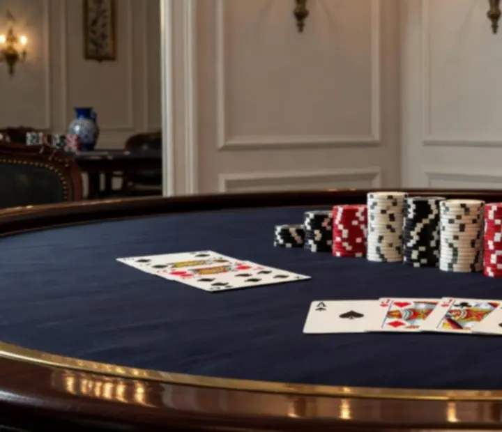 Detalle de cartas y fichas de póker sobre una mesa en un salón de póker presencial