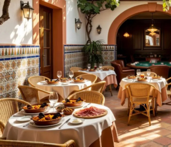 Terraza mediterránea luminosa del restaurante Brasa & Cartas con paredes de terracota y mesas preparadas.
