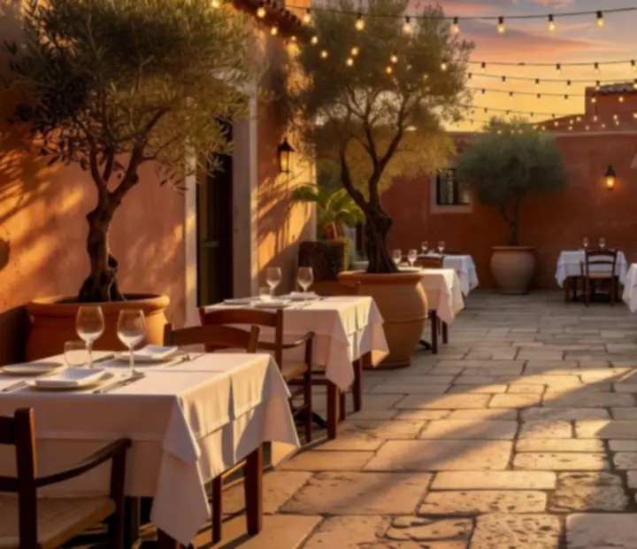 Terraza de piedra al atardecer con mesas vestidas y luz cálida en Brasa & Cartas.