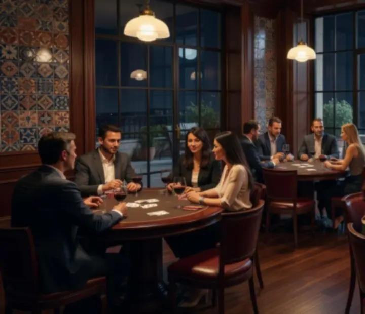 Salón de póker privado con mesas, cartas y fichas en un ambiente cálido y mediterráneo.