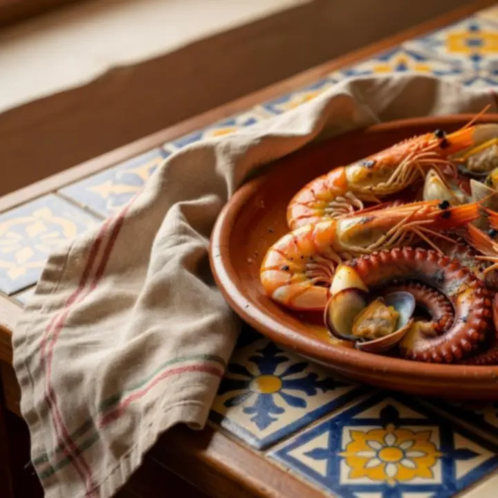 Plato de mariscos y pescados a la brasa servido en fuente de cerámica terracota sobre mesa mediterránea