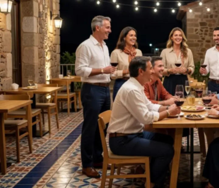 Invitados con vestimenta casual elegante mediterránea en una terraza española al atardecer
