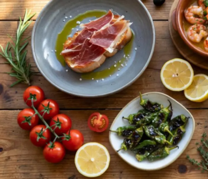 Selección editorial de tapas españolas modernas sobre cerámica mediterránea.