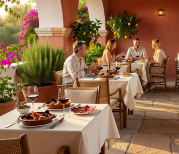 Terraza mediterránea con mesas vestidas para una cena al atardecer.