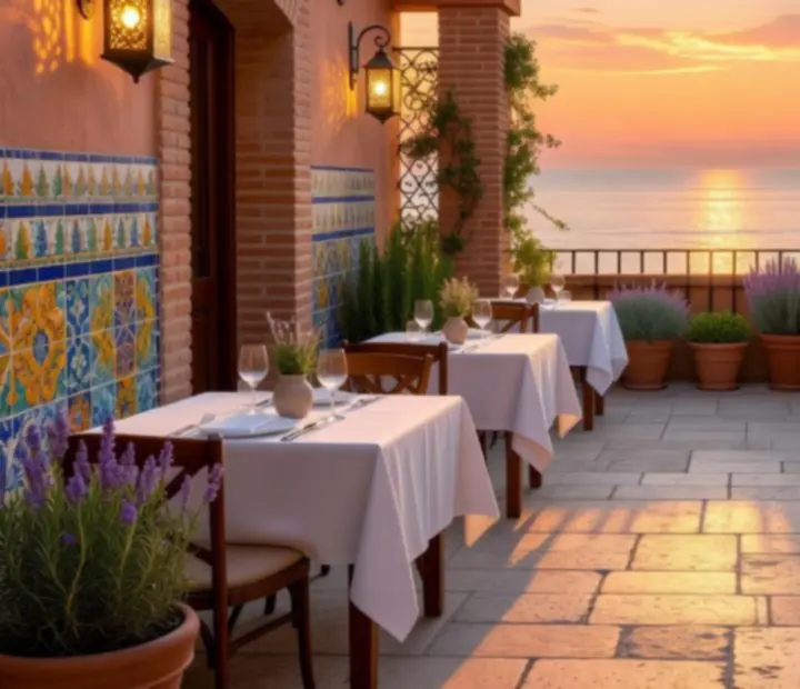 Terraza privada mediterránea preparada para eventos, con muros en terracota y mesas elegantes.