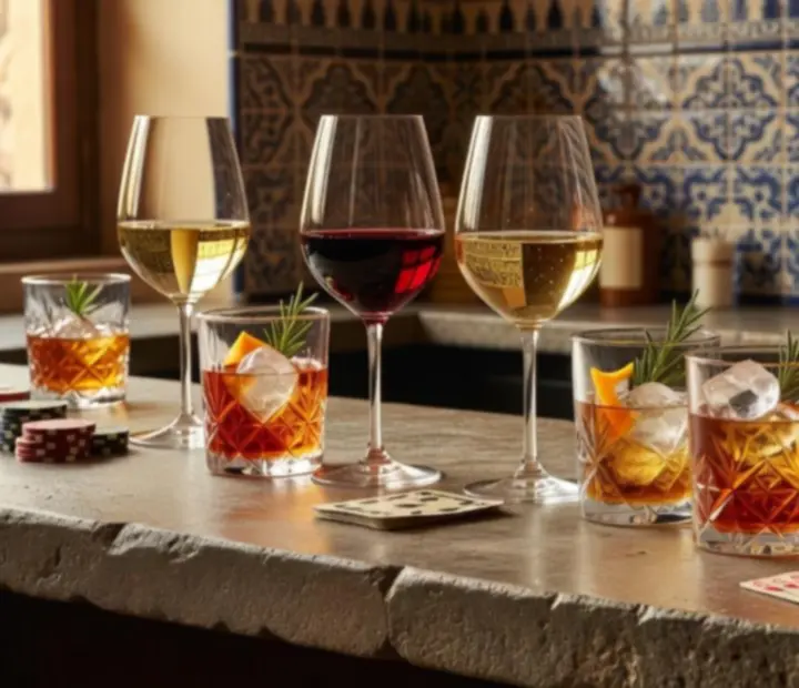 Copas de vino, vermut y cócteles mediterráneos sobre barra con azulejos